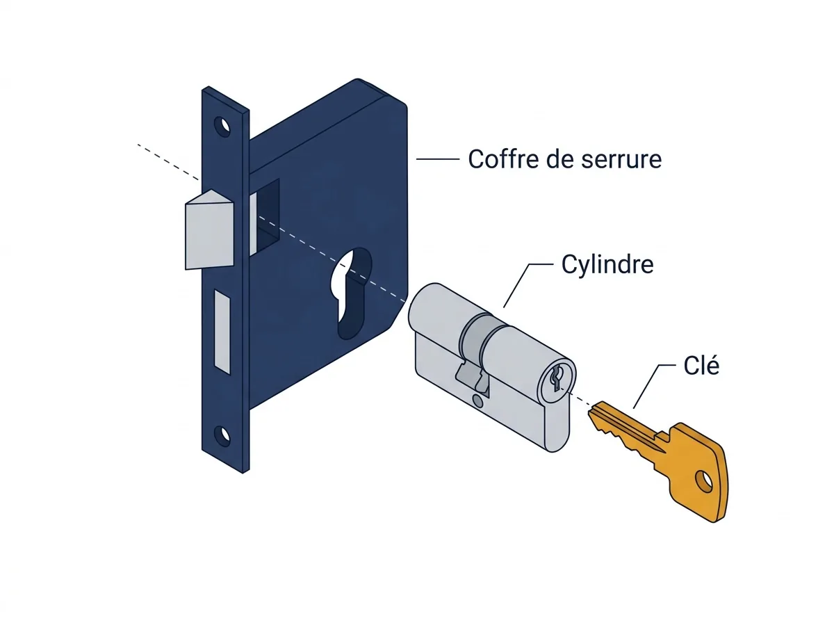 Serrure à Paris 20e : vue éclatée du coffre, du cylindre et de la clé