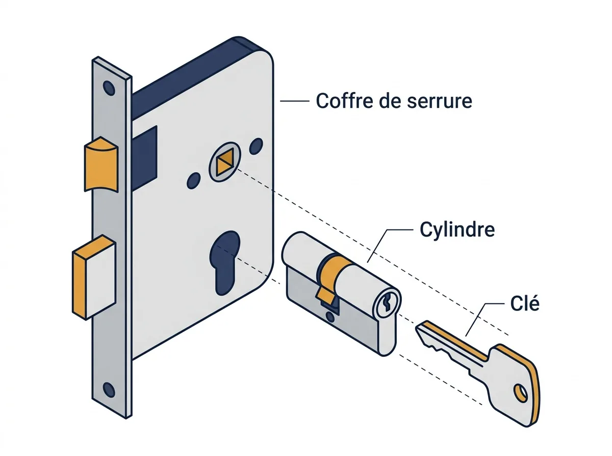 Serrure à Sarcelles : vue éclatée du coffre, du cylindre et de la clé
