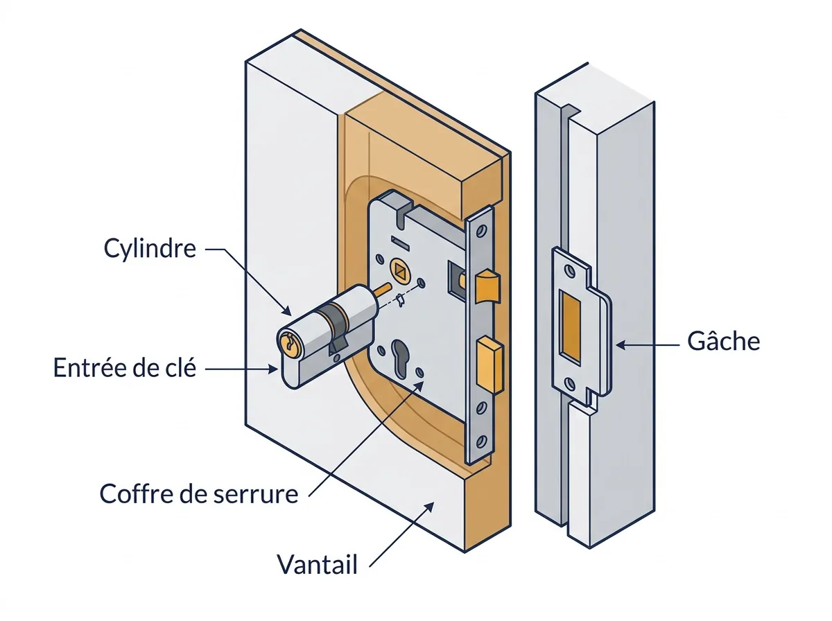 Serrure à Suresnes : schéma du cylindre, du coffre et de la gâche pour distinguer leurs rôles