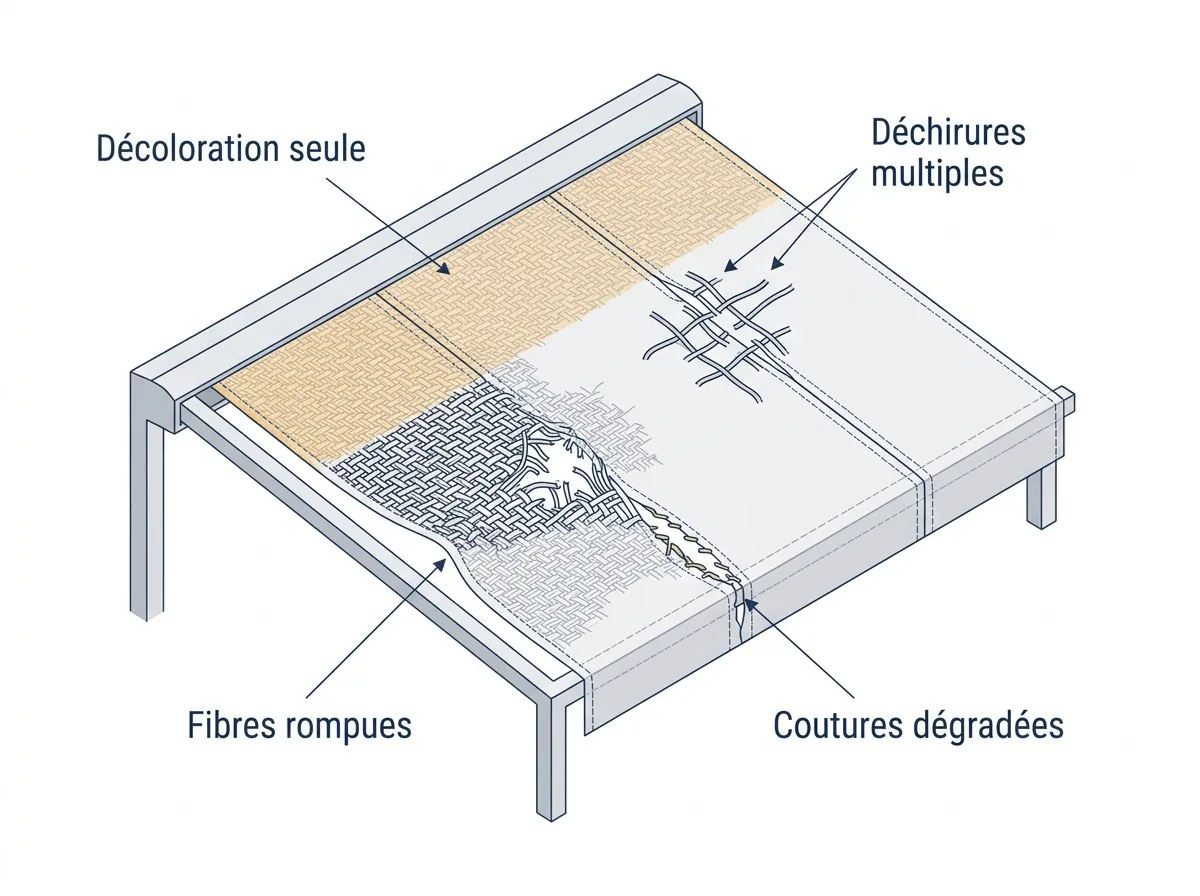 Signes d’usure d’une toile de store banne : décoloration, déchirures et coutures dégradées.