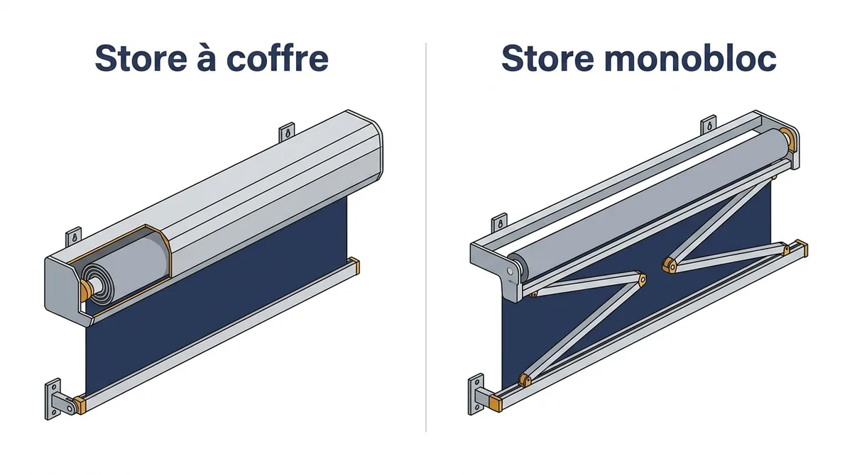 Store banne à Ablis : comparaison des modèles à coffre et monobloc en position repliée