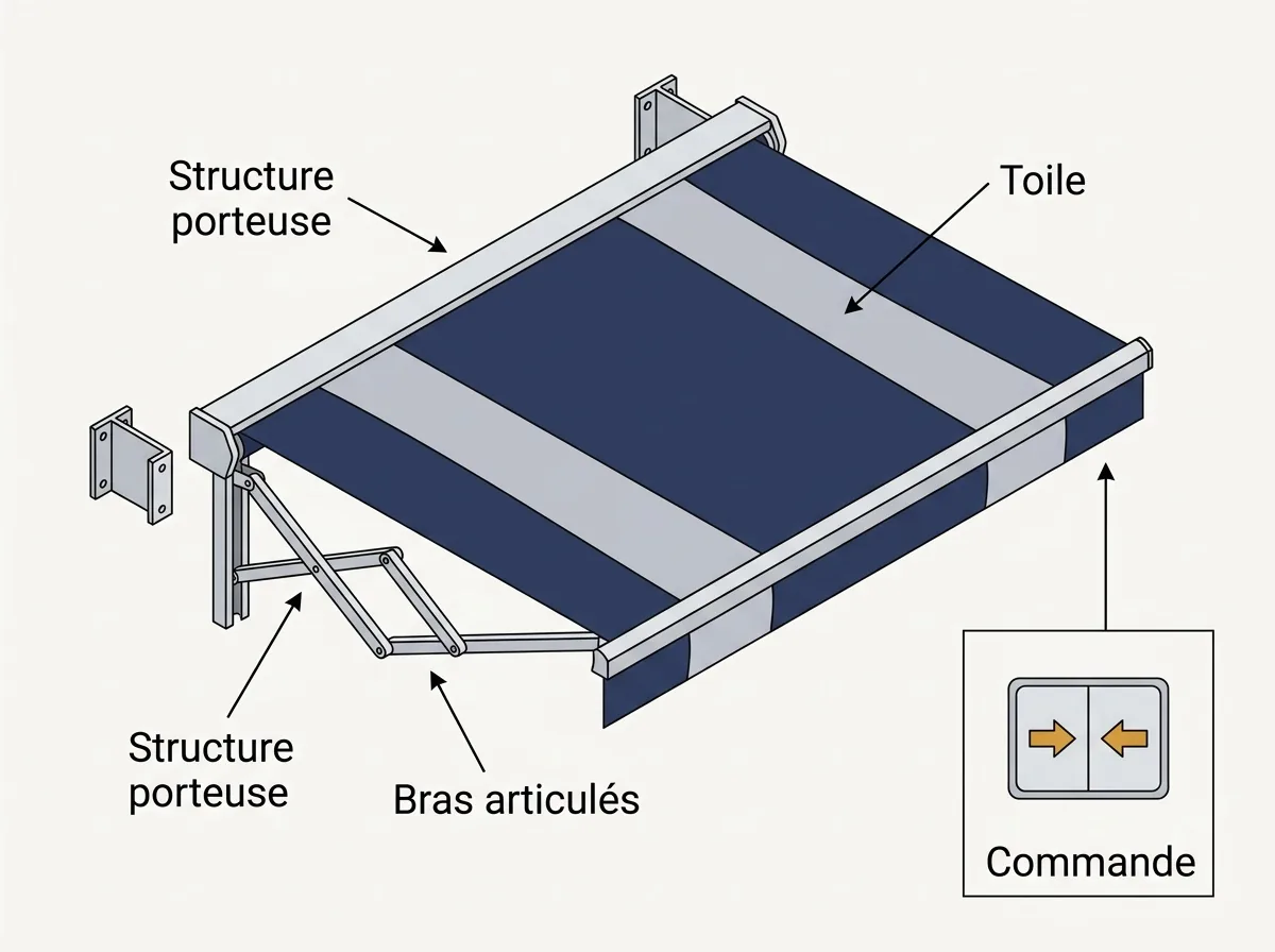 Store banne à Ablis : repérage de la toile, des bras, de la commande et de la structure à contrôler
