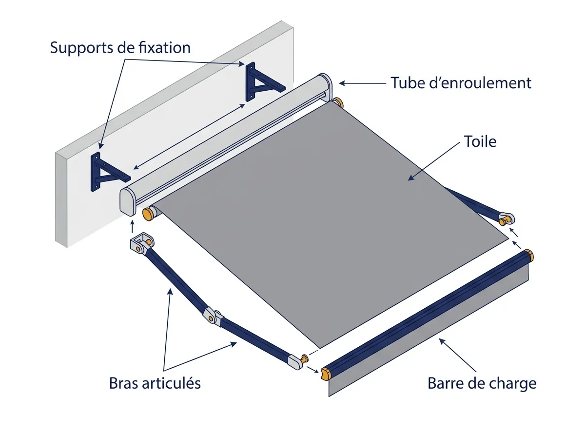 Store banne à Aubergenville : vue éclatée de la toile, des bras et des supports de fixation