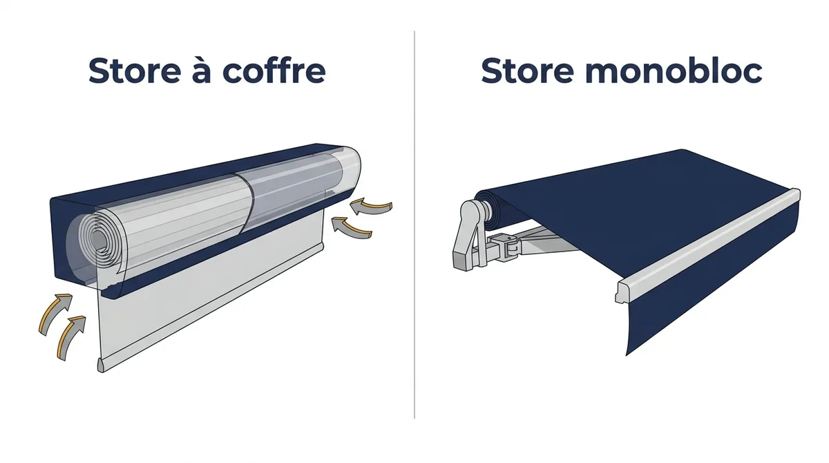Store banne à Aubervilliers : comparaison du coffre protecteur et de la structure monobloc