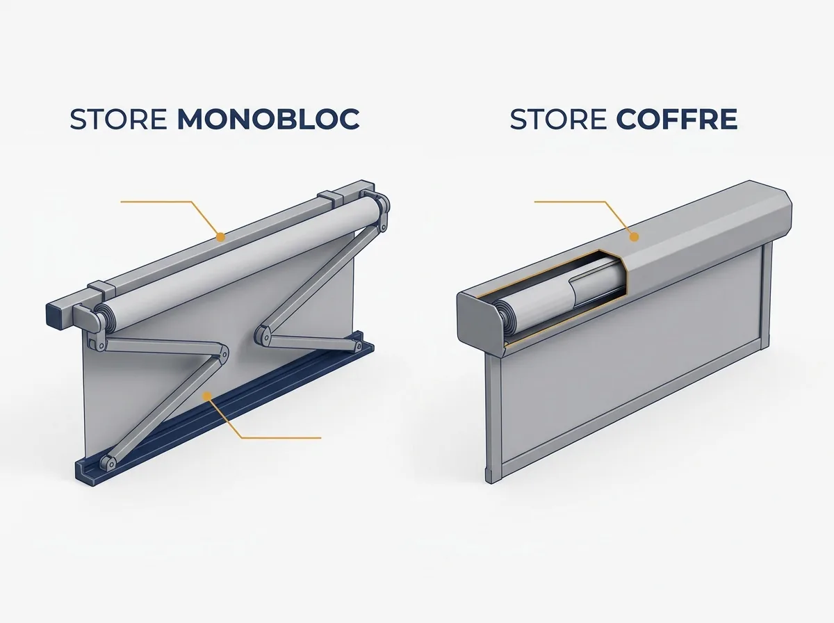 Store banne à Avon : comparaison du monobloc sur barre porteuse et du coffre protégeant la toile repliée
