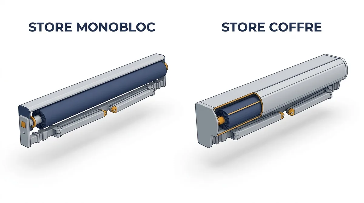 Store banne à Bobigny : comparaison entre la barre porteuse du monobloc et la protection du coffre
