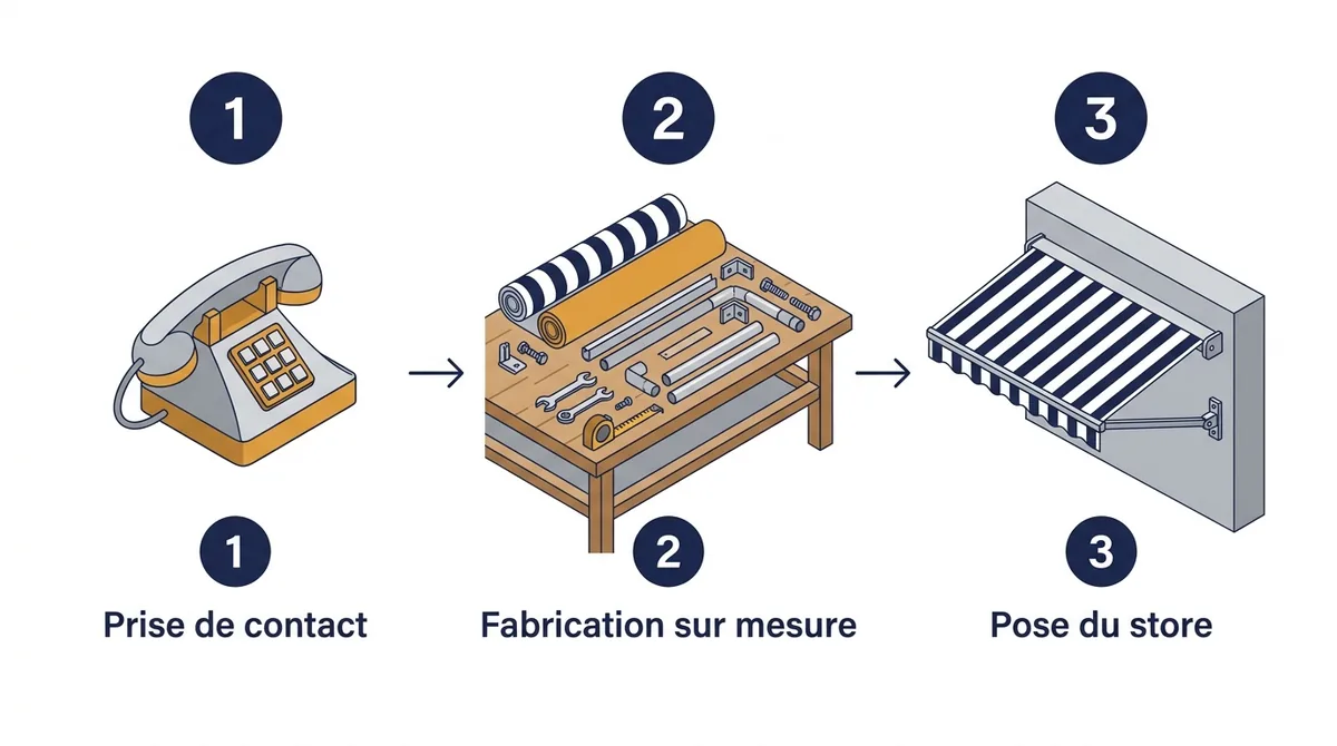 Store banne à Bobigny : trois étapes, de la prise de contact à la fabrication puis à la pose
