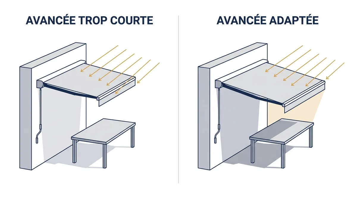 Store banne à Bourron-Marlotte : comparaison d’une avancée trop courte et d’une avancée adaptée