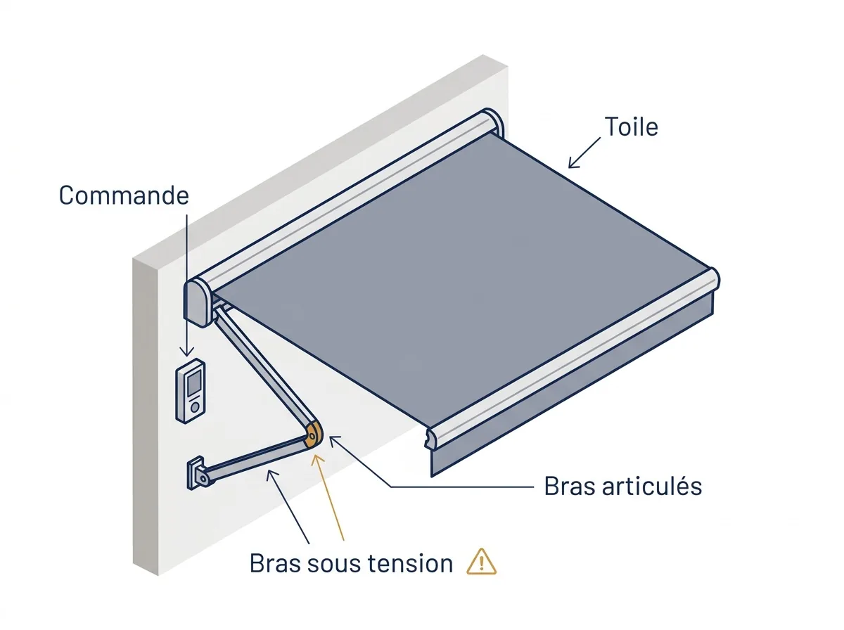 Store banne à Bourron-Marlotte : repérage de la toile, de la commande et des bras sous tension