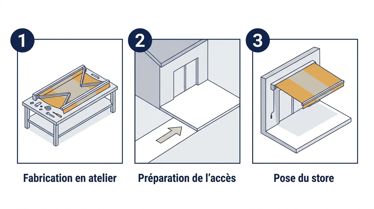 Store banne à Brie-Comte-Robert : fabrication en atelier, préparation de l’accès et pose