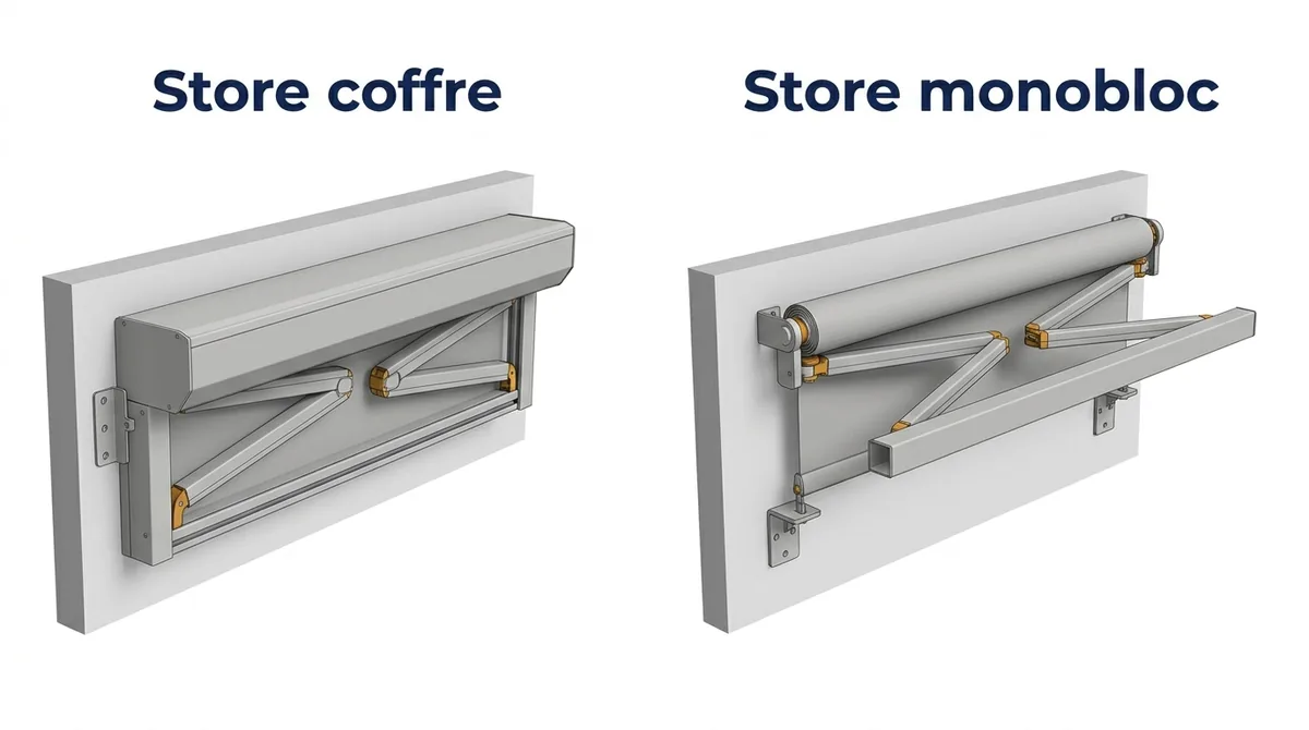Store banne à Cesson : comparaison du coffre protecteur et de la structure monobloc sur barre porteuse