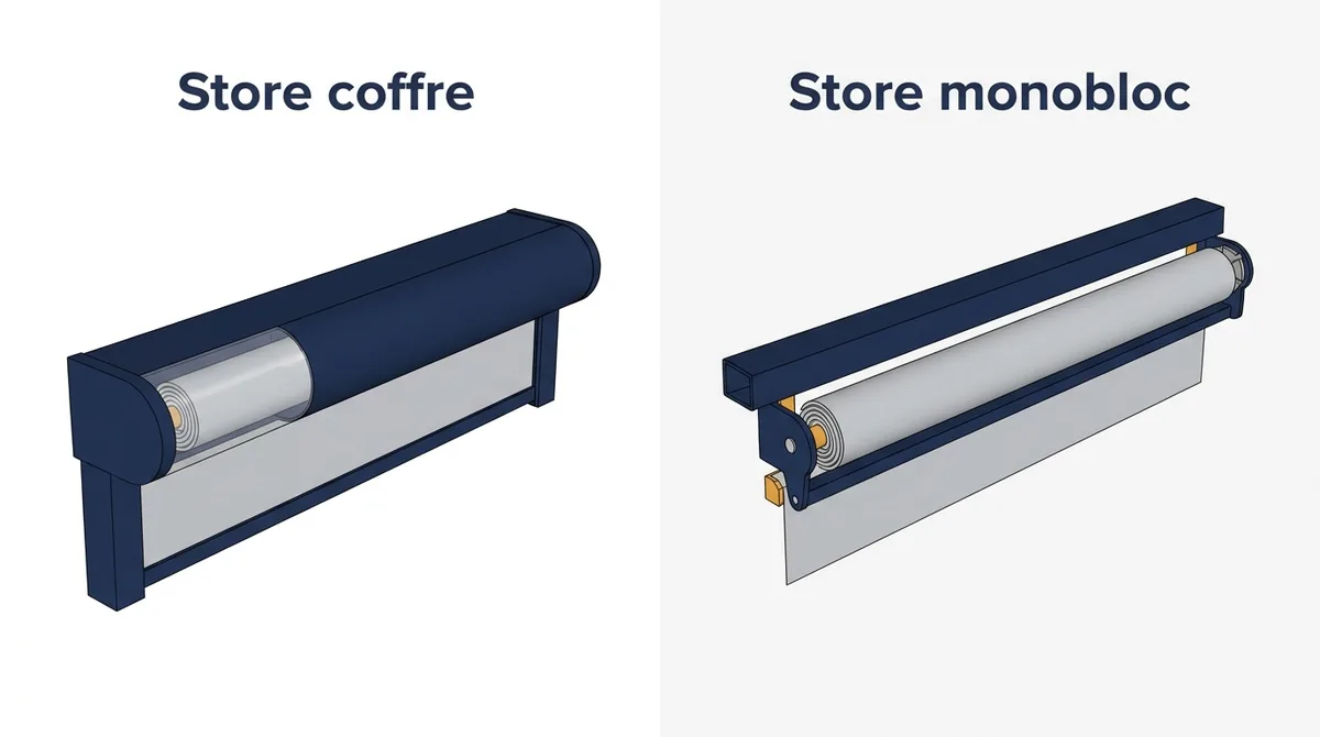 Store banne à Champcueil : comparaison du coffre protecteur et du monobloc à toile plus exposée.