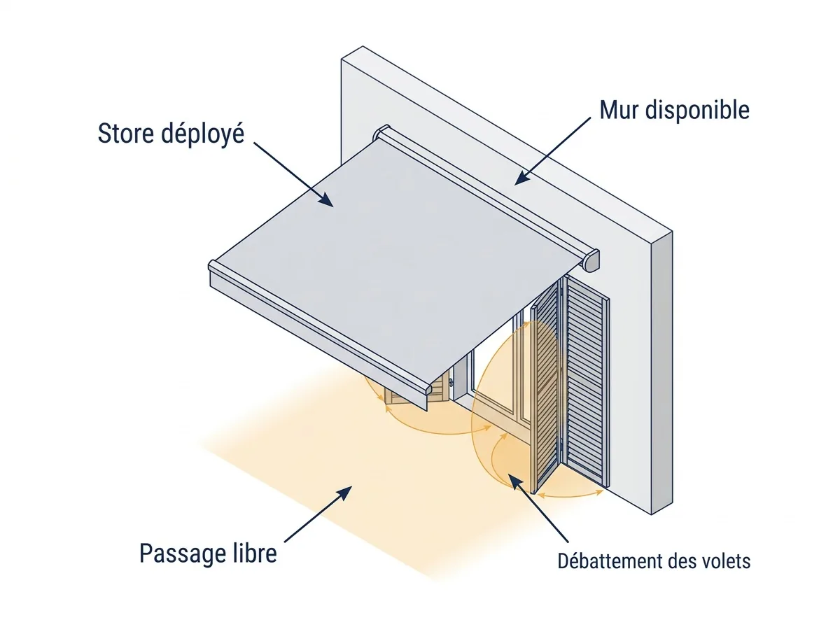 Store banne à Champcueil : implantation préservant les passages et l’ouverture des volets.