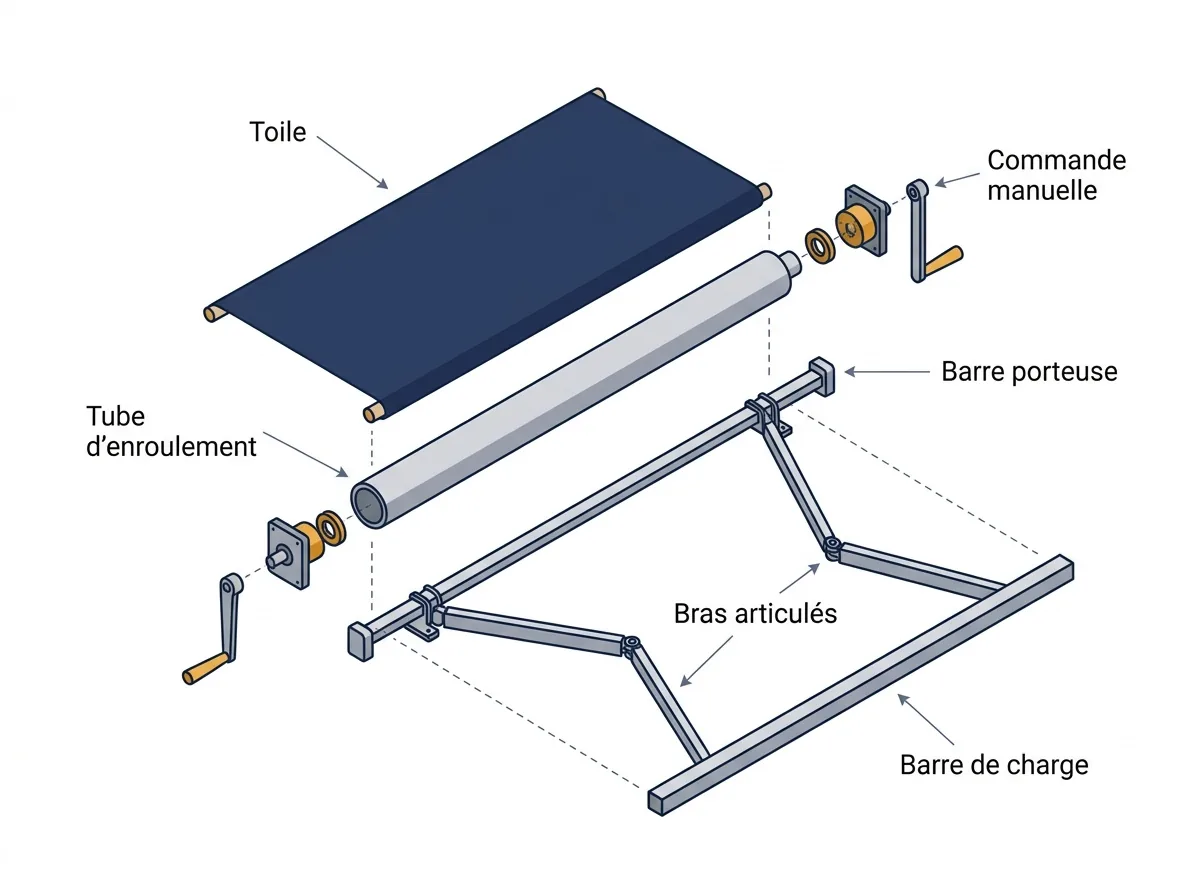 Store banne à Champcueil : vue éclatée distinguant la toile, la commande et la structure.
