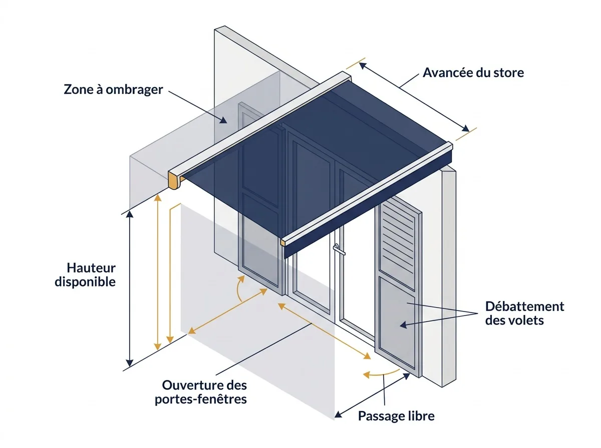 Store banne à Chessy : dimensionnement de l’ombre et dégagements des portes-fenêtres et des volets