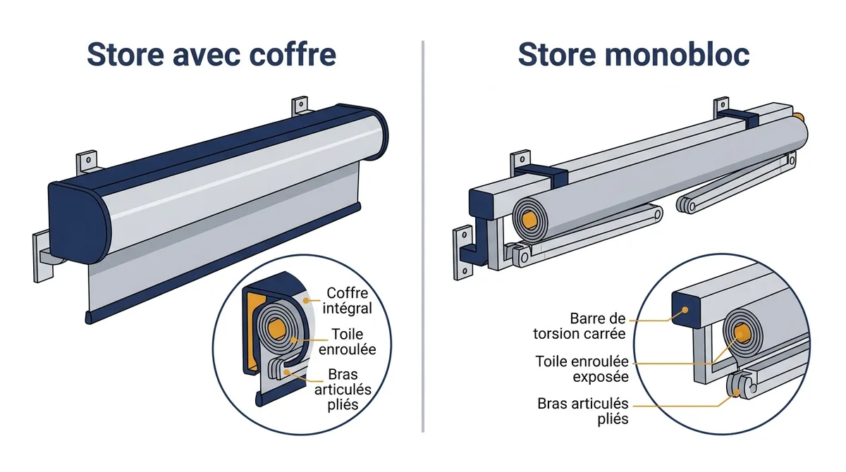 Store banne à Coignières : comparaison du coffre protecteur et du monobloc sur barre porteuse