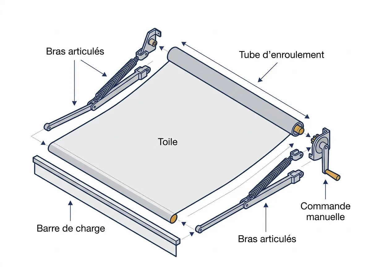 Store banne à Collégien : vue éclatée de la toile, des bras articulés et de la commande manuelle