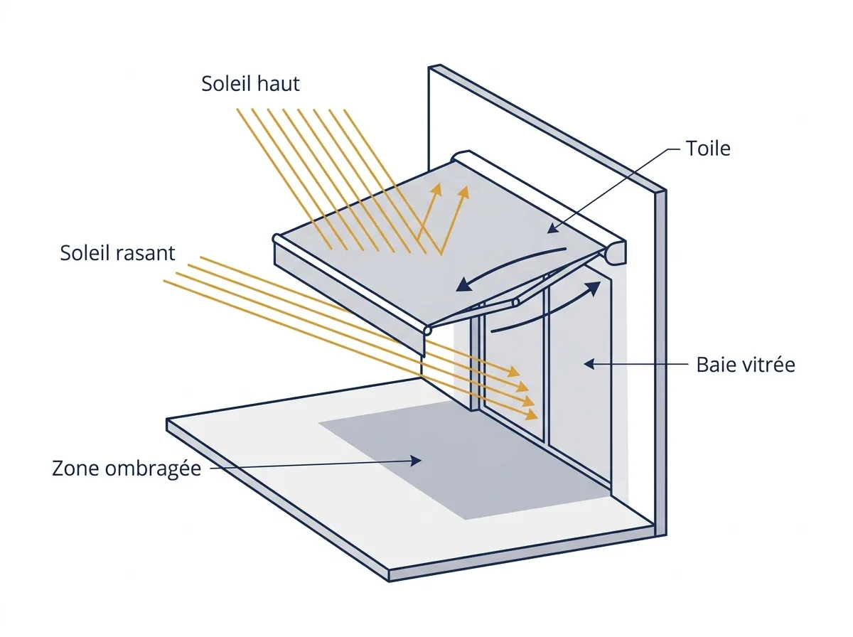 Store banne à Combs-la-Ville : trajet des rayons solaires et limites de l’ombre face au soleil rasant