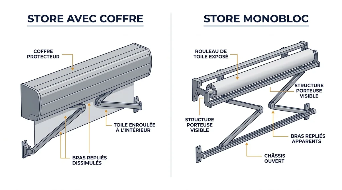 Store banne à Conflans-Sainte-Honorine : comparaison du coffre protecteur et du monobloc ouvert