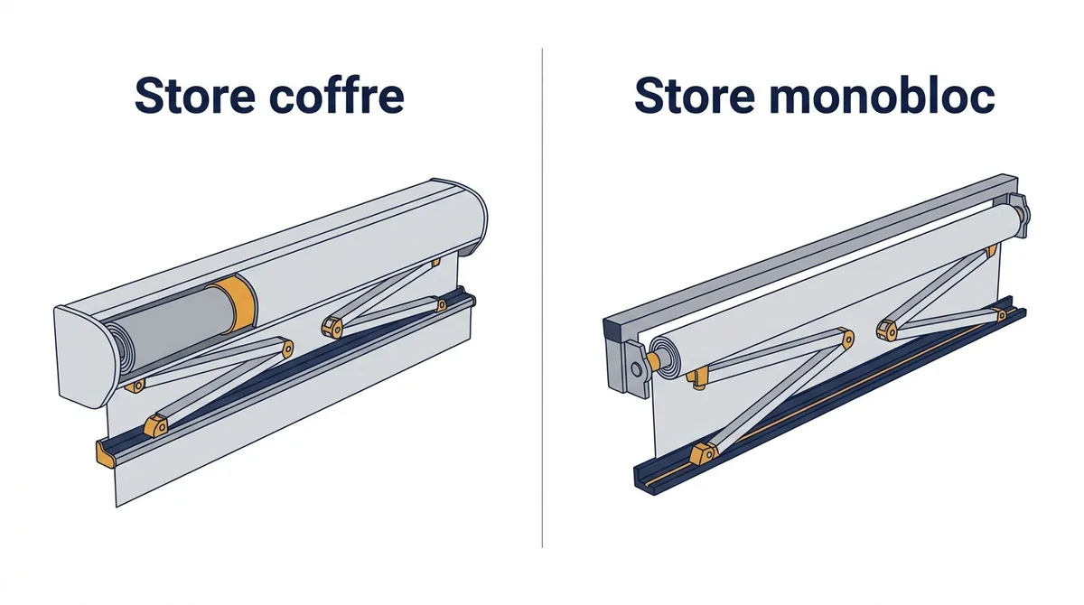 Store banne à Coubron : comparaison du coffre protecteur et de la structure monobloc