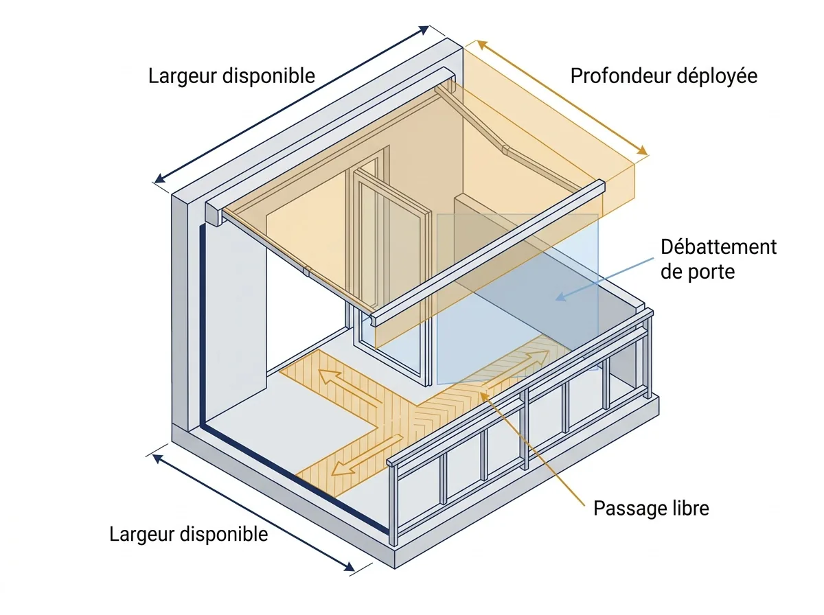 Store banne à Coubron : repérage de l’avancée, des ouvertures et du passage à préserver