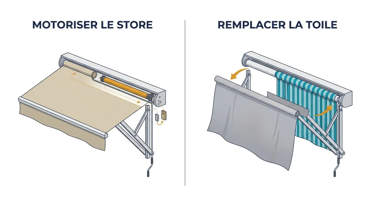 Store banne à Coupvray : comparaison entre motorisation et remplacement de la toile