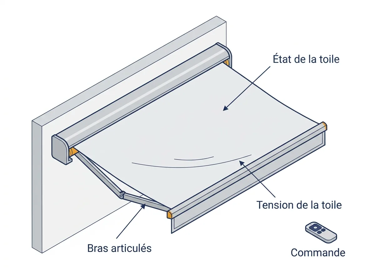 Store banne à Coupvray : repérage de la toile, des bras et de la commande avant diagnostic