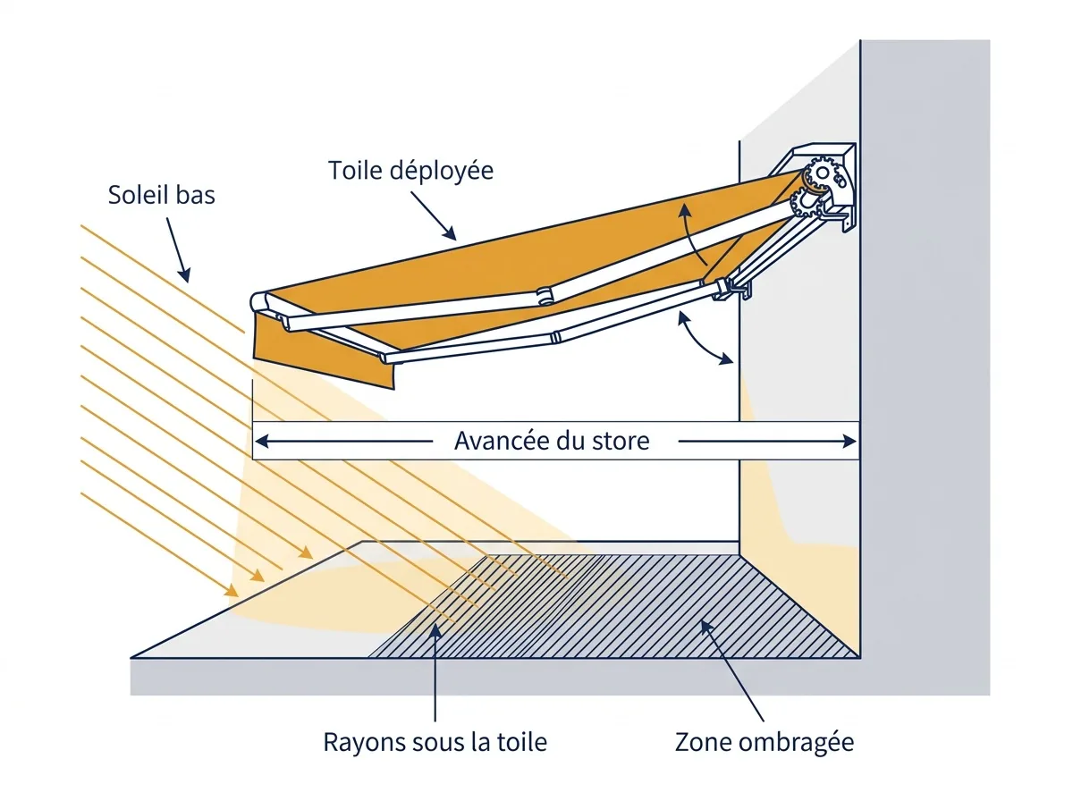 Store banne à Courtry : passage du soleil bas sous la toile malgré son avancée