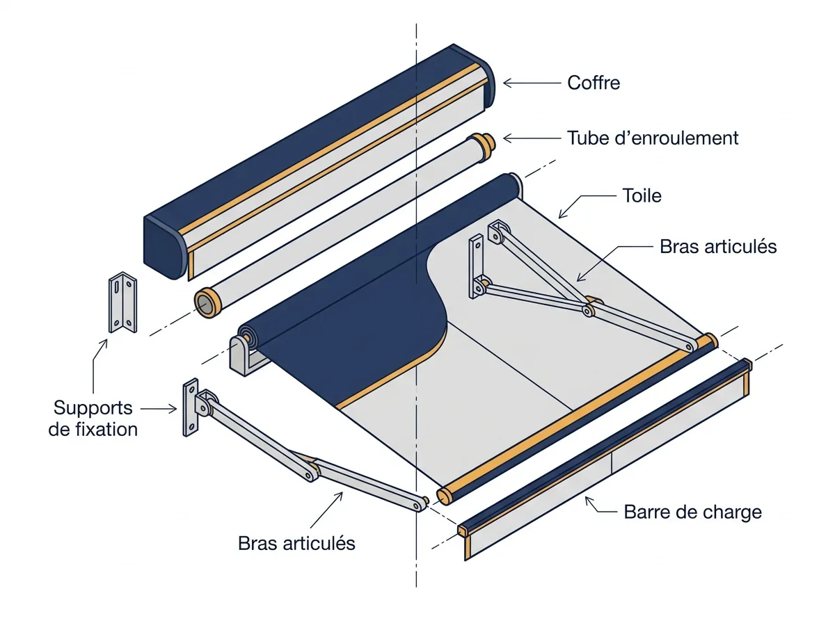 Store banne à Courtry : vue éclatée du coffre, de la toile et du mécanisme articulé