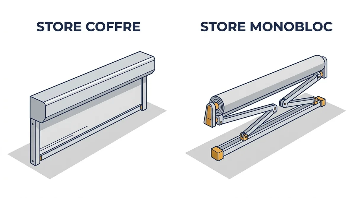 Store banne à Crécy-la-Chapelle : coffre et monobloc comparés en position repliée