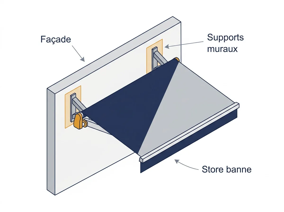 Store banne à Dampmart : emplacement des supports muraux sur la façade