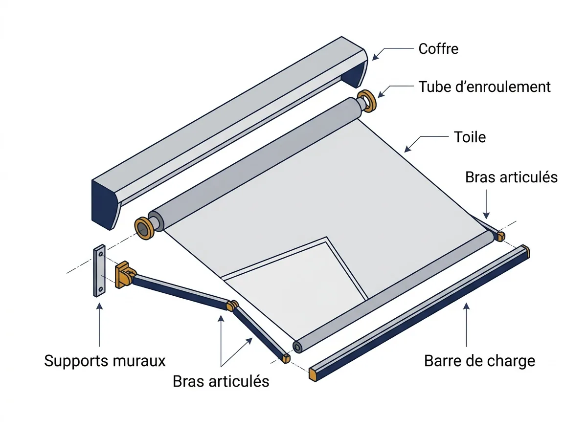 Store banne à Dampmart : vue éclatée du coffre, de la toile, des bras et des supports