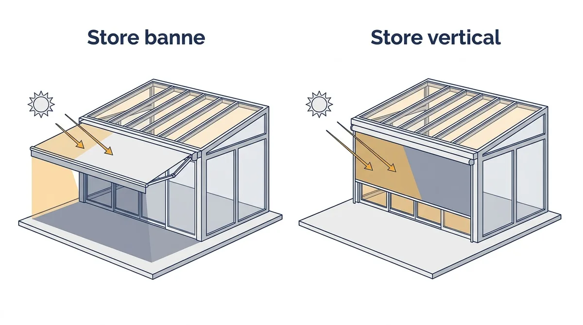 Store banne à Esbly : comparaison avec un store vertical placé devant le vitrage