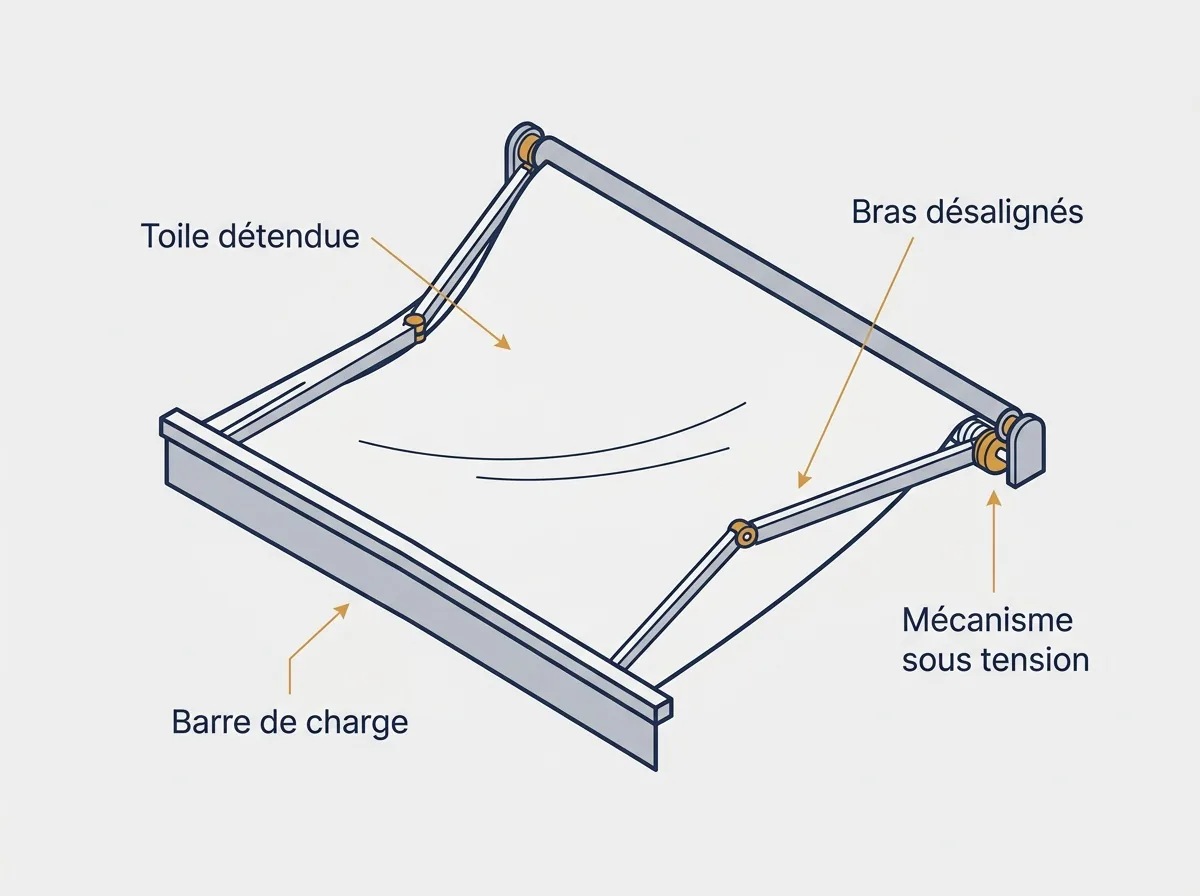Store banne à Évry-Courcouronnes : repérage de la toile détendue et des bras désalignés