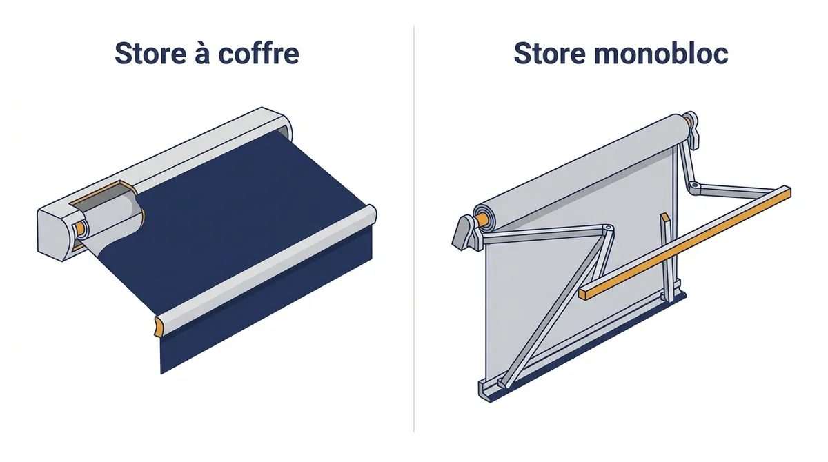 Store banne à Fleury-Mérogis : comparaison du coffre protecteur et de la structure monobloc