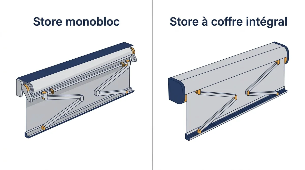 Store banne à Fontainebleau : comparaison du monobloc et du coffre intégral