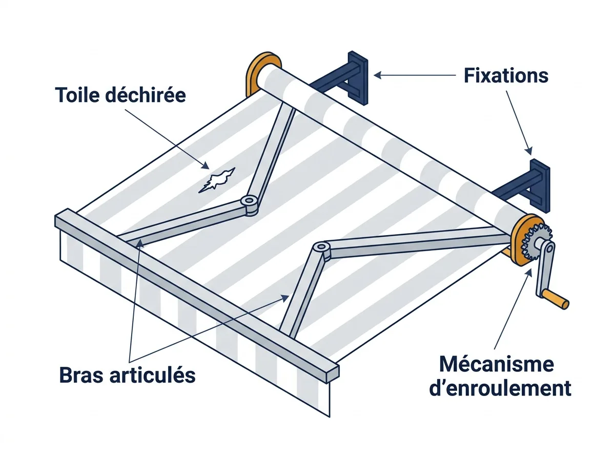 Store banne à Fontenay-le-Fleury : repérage de la toile, des bras, des fixations et de l’enroulement