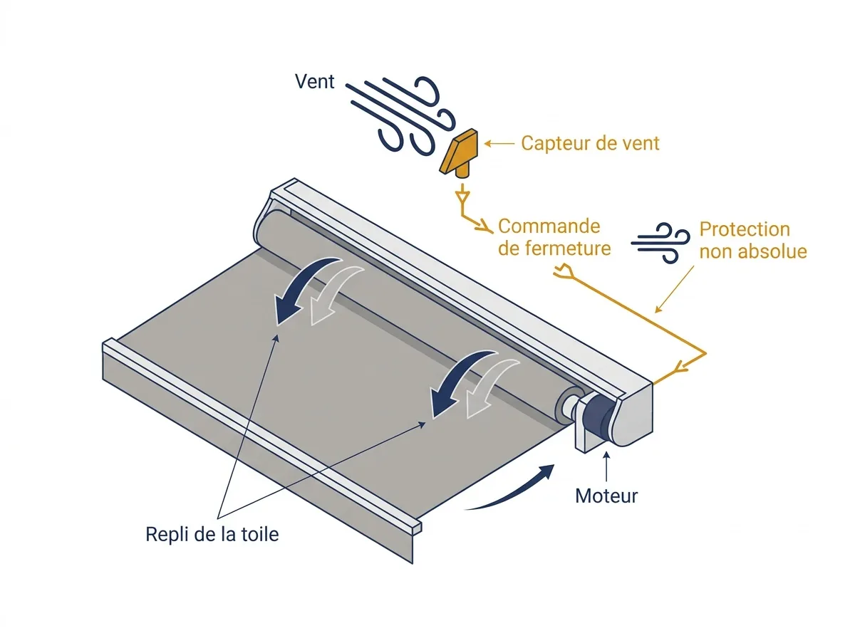 Store banne à Gretz-Armainvilliers : commande de fermeture par capteur de vent et limites de protection