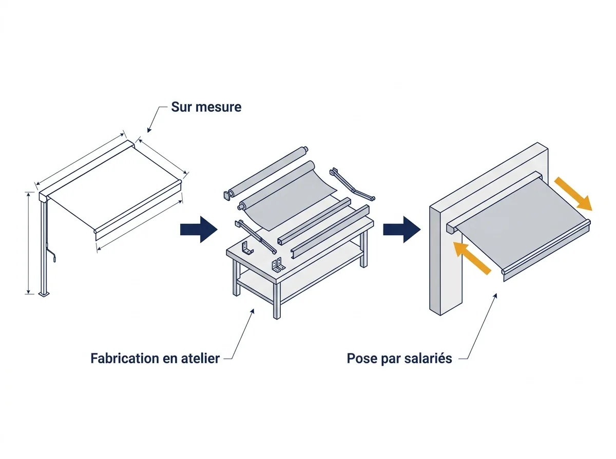 Store banne à Gretz-Armainvilliers : fabrication sur mesure en atelier puis pose par des salariés