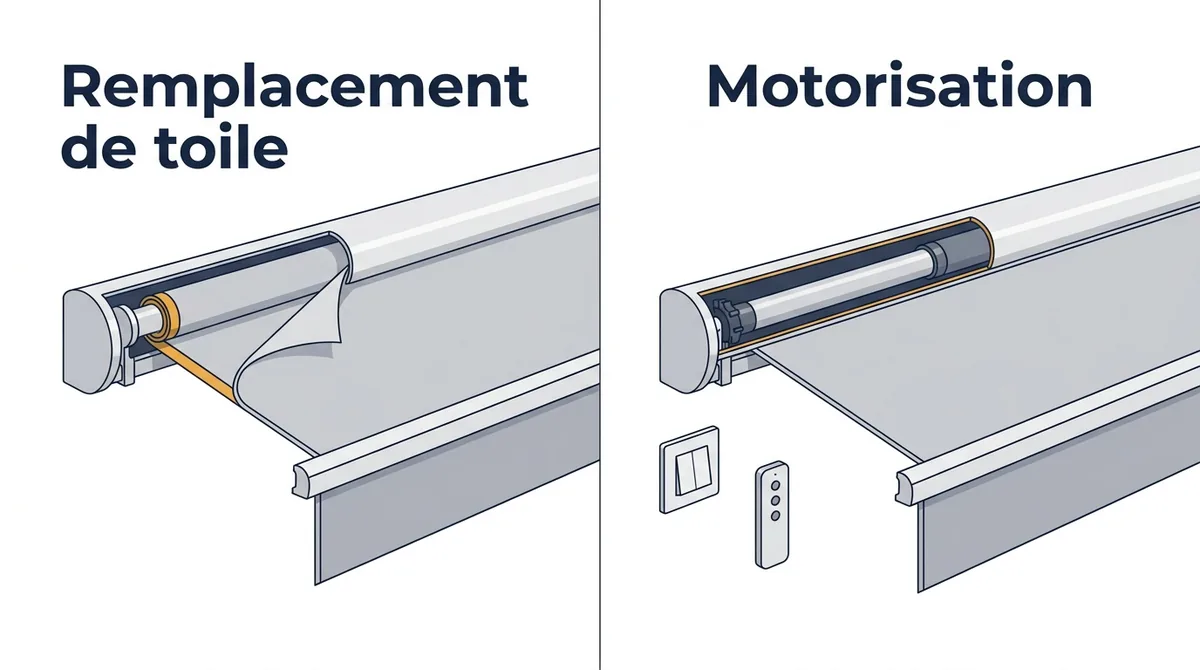 Store banne à Issou : comparaison entre remplacement de toile et motorisation de l’existant