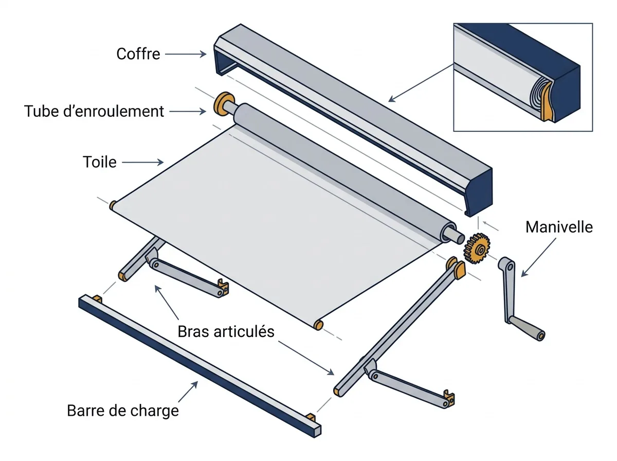 Store banne à La Rochette : vue éclatée du coffre, de la toile et du mécanisme manuel