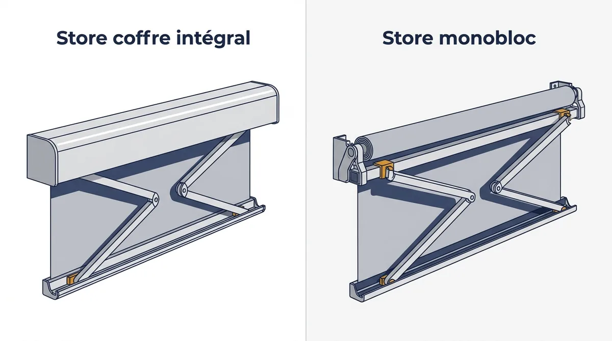 Store banne à Lagny-sur-Marne : comparaison du coffre intégral et du monobloc sans coffre.