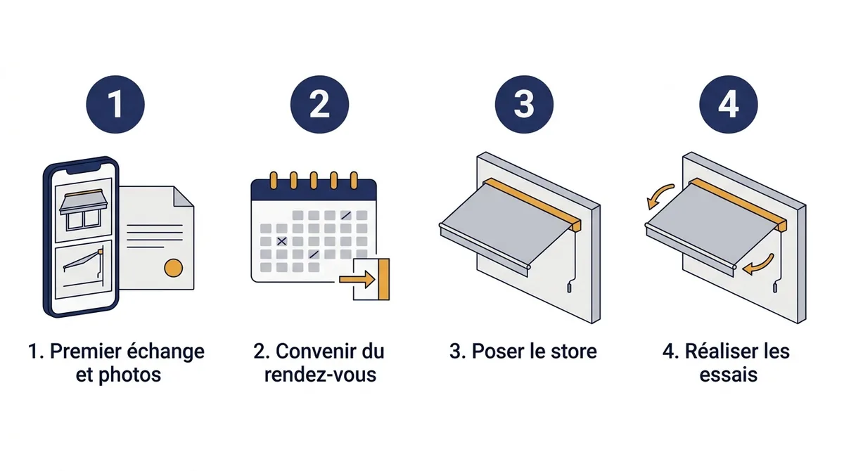 Store banne à Lagny-sur-Marne : étapes du premier échange aux essais après la pose.