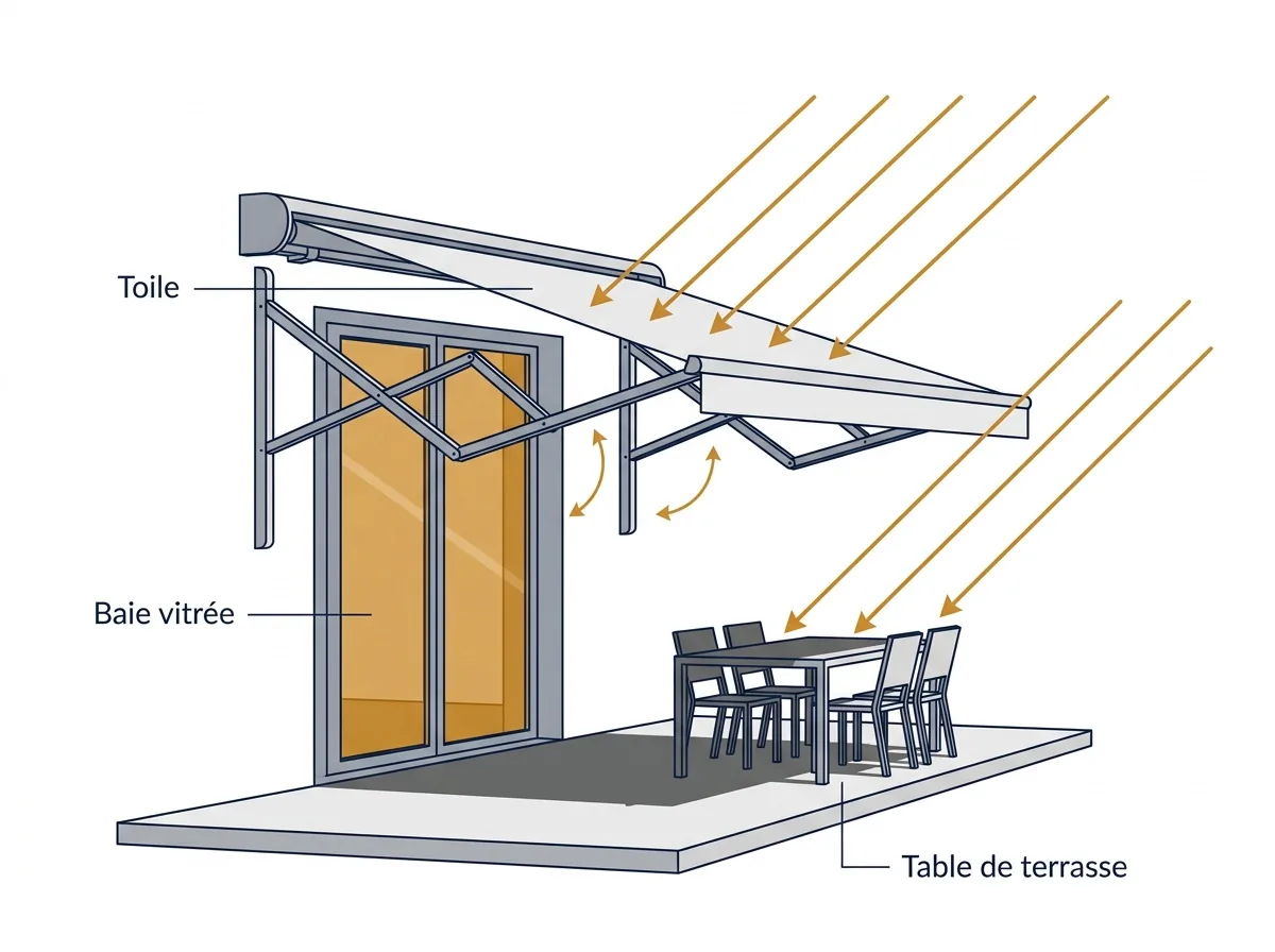 Store banne à Lagny-sur-Marne : trajet des rayons solaires et ombre sur la terrasse.
