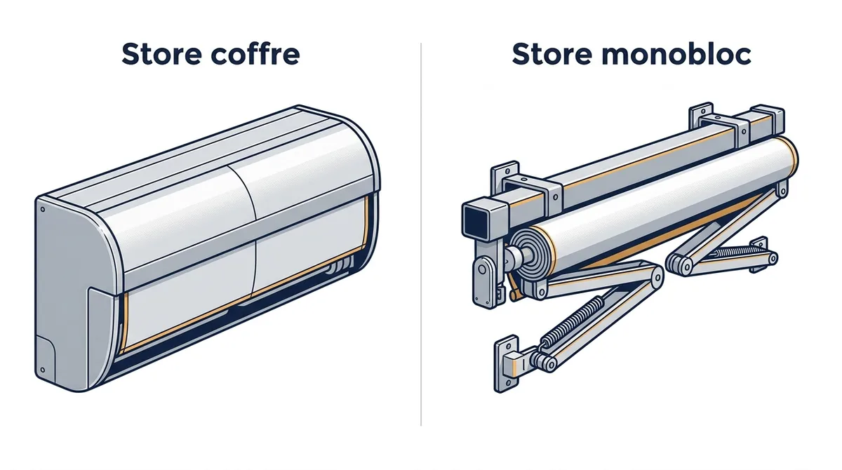 Store banne à Le Châtelet-en-Brie : comparaison du coffre enveloppant et du monobloc sans caisson
