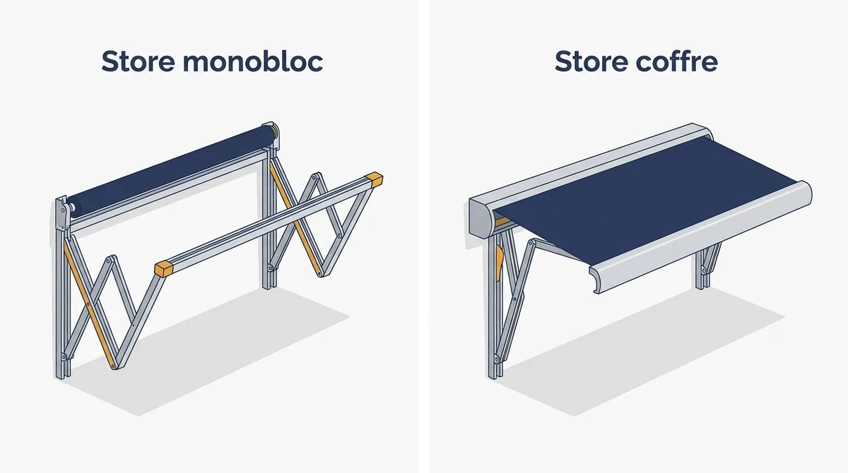 Store banne à Le Chesnay-Rocquencourt : comparaison du monobloc et du coffre en position repliée
