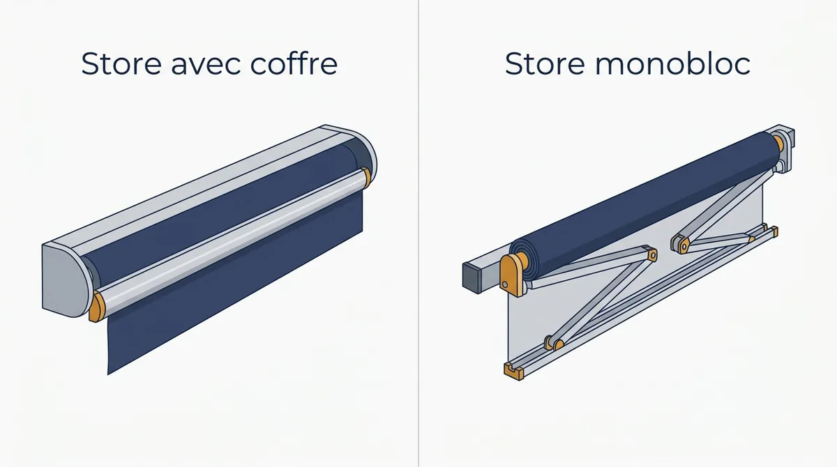 Store banne à Le Mée-sur-Seine : comparaison du modèle avec coffre et du monobloc sans coffre intégral