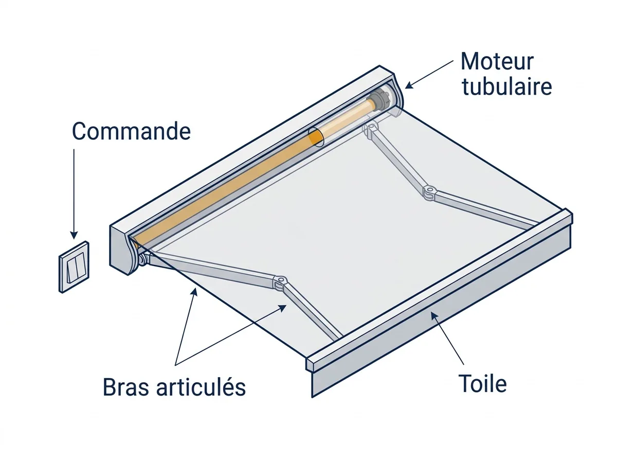 Store banne à Le Vésinet : repérage de la commande, du moteur et des bras articulés