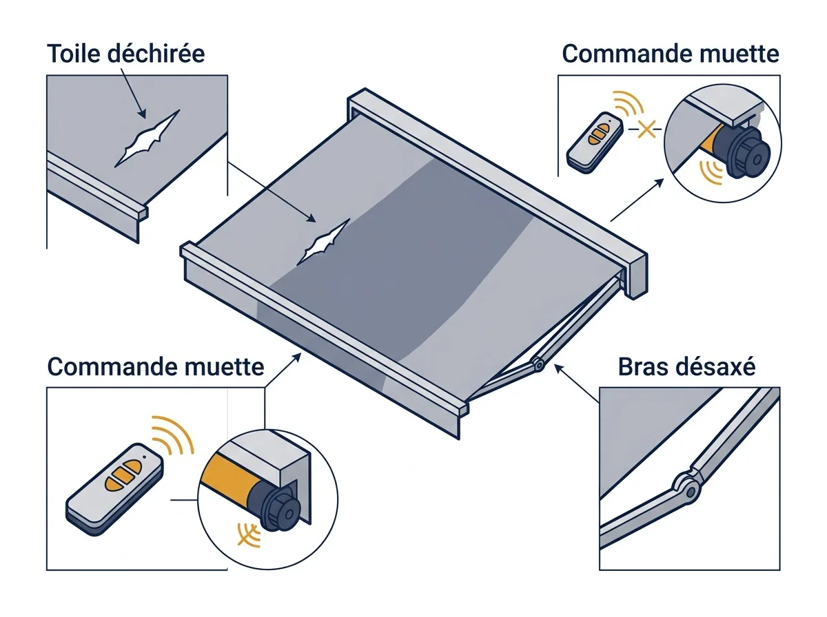 Store banne à Lésigny : repérage d’une toile déchirée, d’une commande muette et d’un bras désaxé