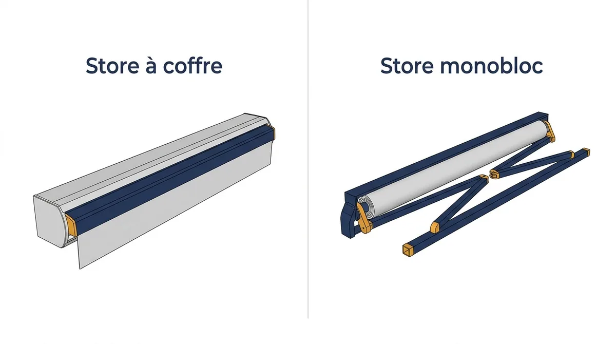 Store banne à Limay : comparaison du coffre intégral et du monobloc à barre porteuse
